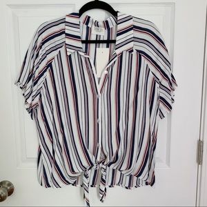 Tie Front Button Down Short Sleeve Blouse